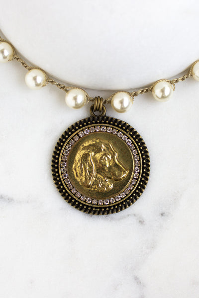 antique dog button necklace with crochet pearl chain