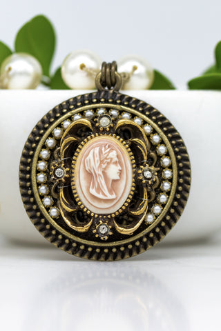 Vintage Grecian Cameo Necklace with Hand-Stitched Pearl Chain
