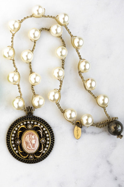 Vintage Grecian Cameo Necklace with Hand-Stitched Pearl Chain