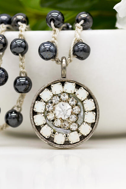 Vintage Rhinestone Necklace with Opals and Hand-Stitched Hematite Stone Chain