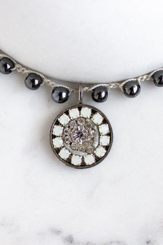 Vintage Rhinestone Necklace with Opals and Hand-Stitched Hematite Stone Chain