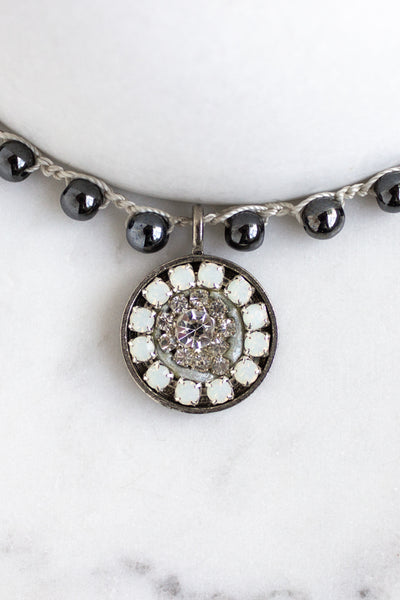 Vintage Rhinestone Necklace with Opals and Hand-Stitched Hematite Stone Chain