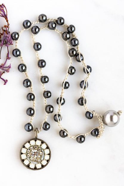 Vintage Rhinestone Necklace with Opals and Hand-Stitched Hematite Stone Chain
