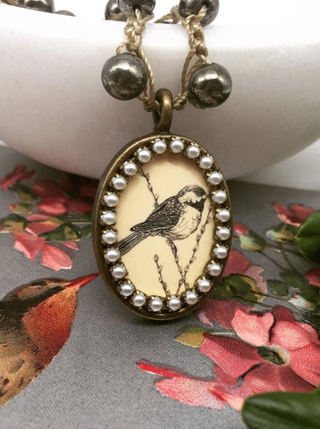 etched bird vintage necklace with seed pearls