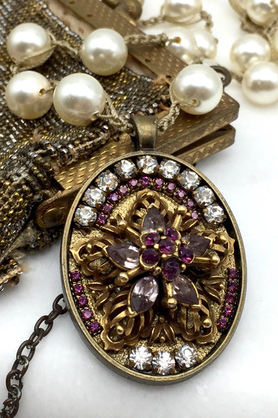Vintage Statement Necklace with Star, Amethyst Colors and Hand-Stitched Pearl Chain