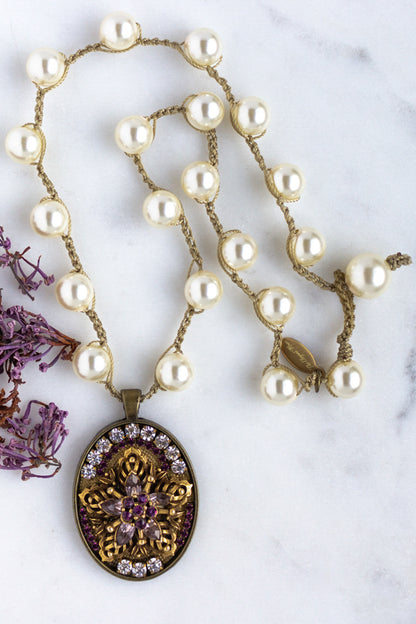 Vintage Statement Necklace with Star, Amethyst Colors and Hand-Stitched Pearl Chain
